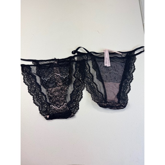 Victoria's Secret Thong Panty Set 2 Lace Black Sheer Lingerie Sexy M - Picture 1 of 8
